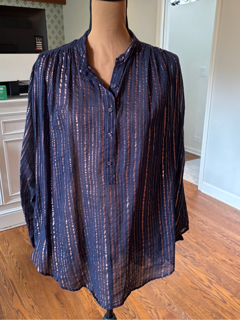 Ulla Johnson Navy Blue Metallic Stripe Popover Blouse